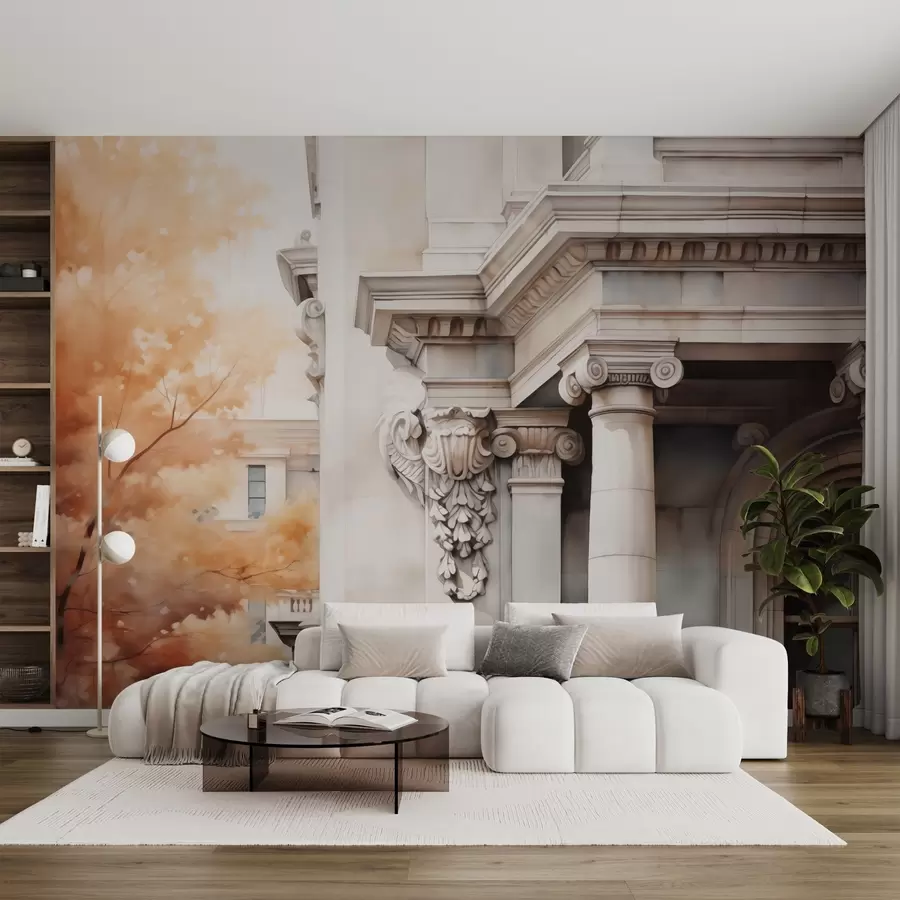 fototapeter Del av et hus med søyler ved siden av et tre imitasjon av akvarell w02495