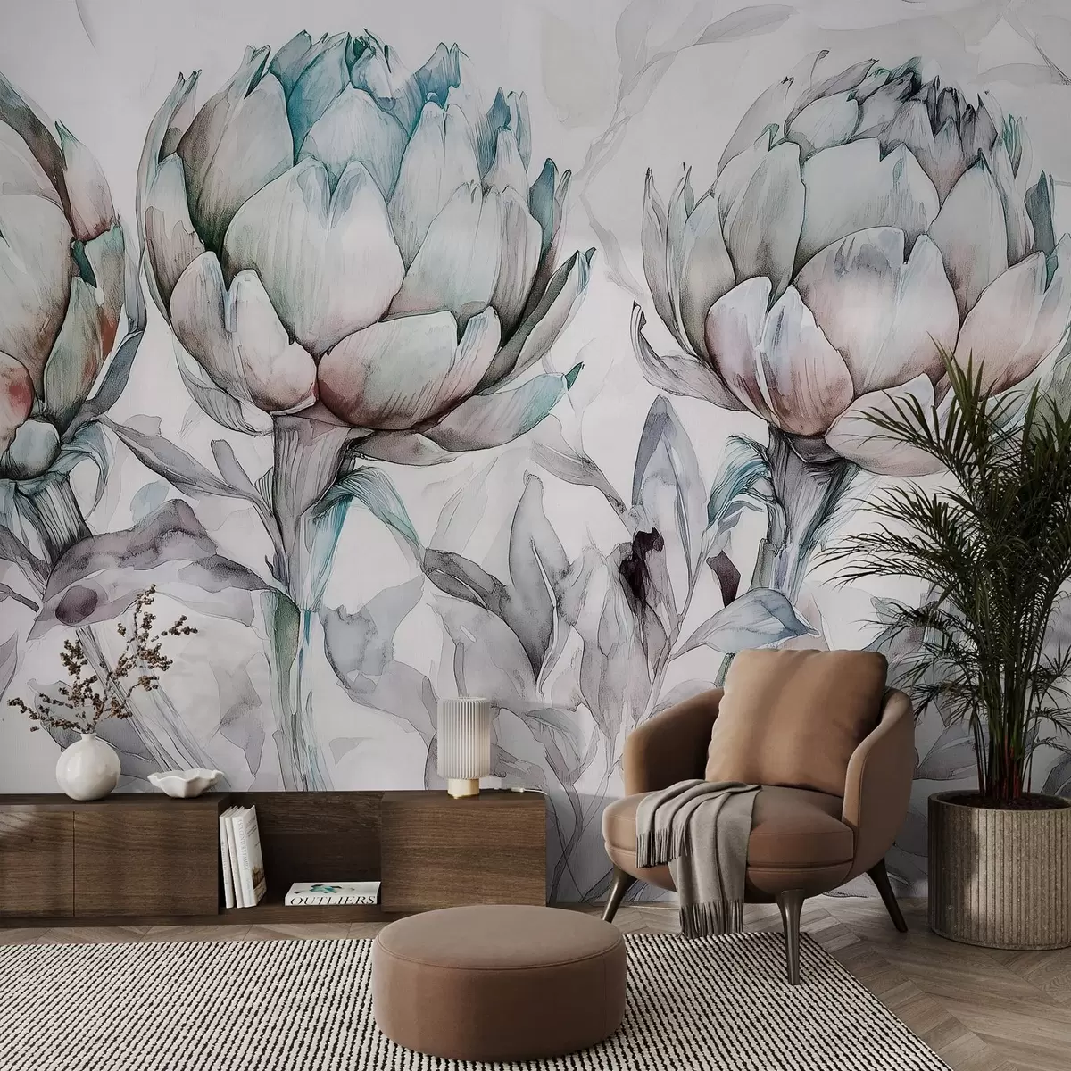 fototapeter Vakker tegning av artisjokker, akvarellstil, myke farger w02482v1