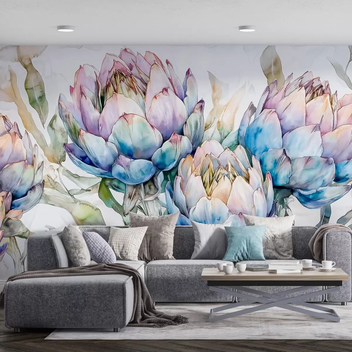 fototapeter Artisjokker tegning, akvarellstil, blomstret, lilla, beige, grønn w02484