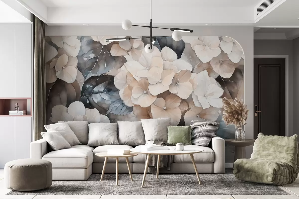 fototapeter Hortensiablomster, akvarellstil tegning, beige farger, blomster w02488