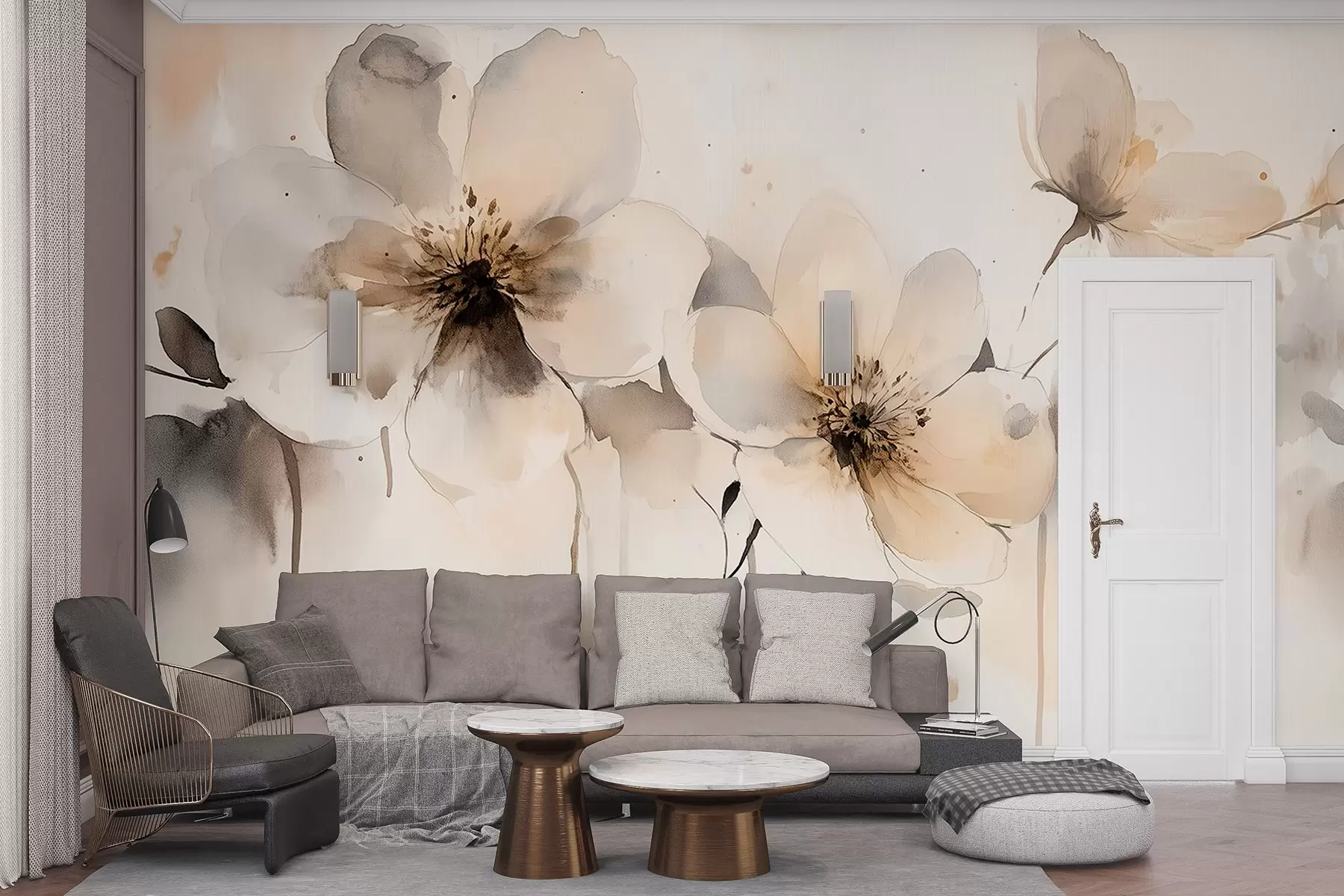 fototapeter Engblomster, akvarelltegning, beige fargepalett  w02489