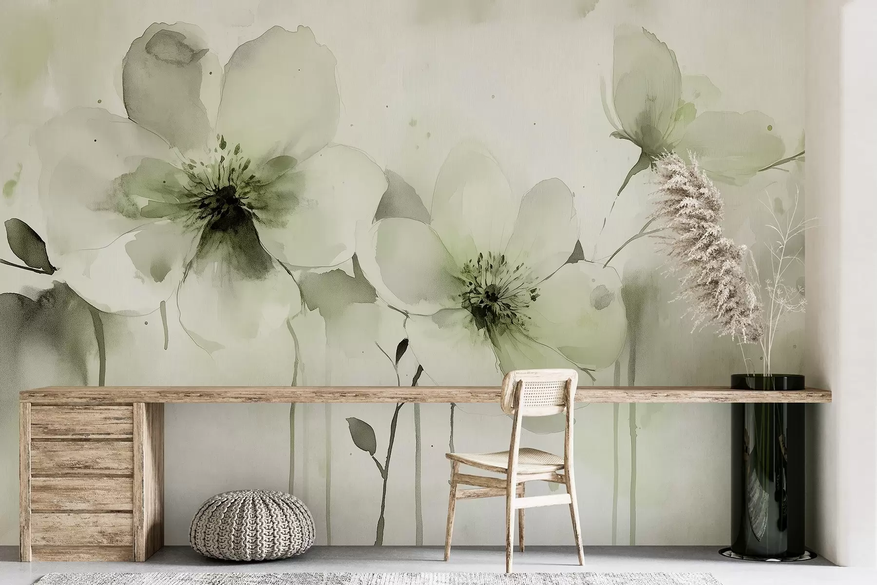 fototapeter Engblomster, akvarelltegning, grønn fargepalett  w02489v1