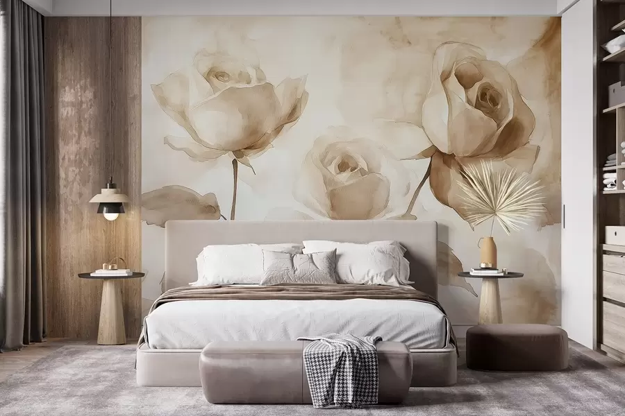 fototapeter Beige roser, blomster, myk akvarelltegning, rustikk, bohemsk w02490