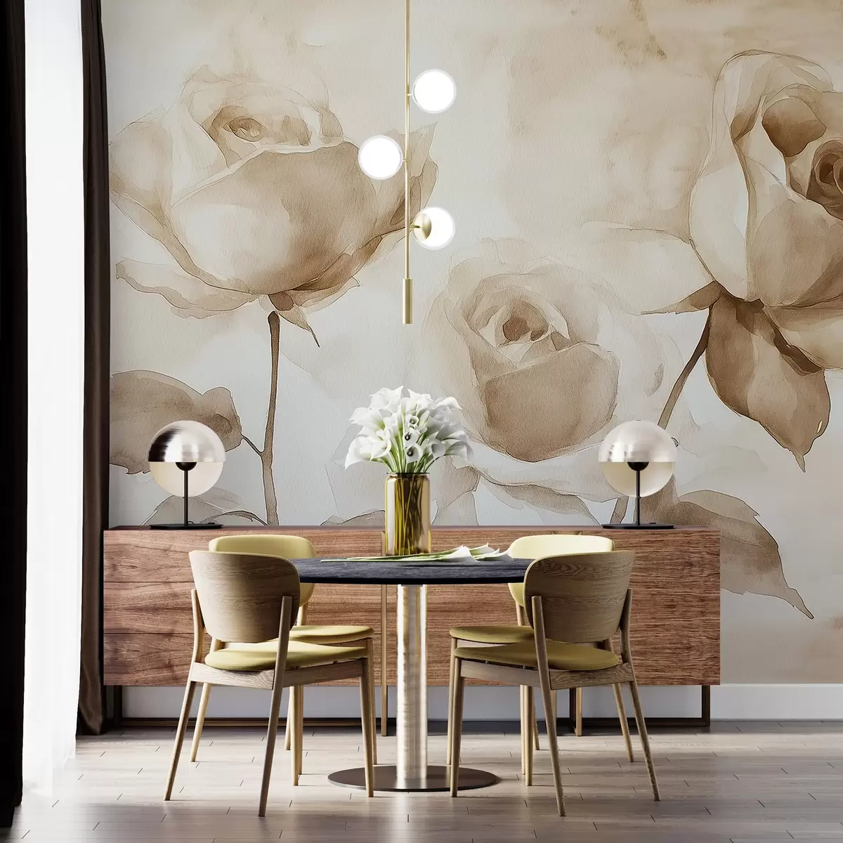 fototapeter Beige roser, blomster, myk akvarelltegning, rustikk, bohemsk w02490