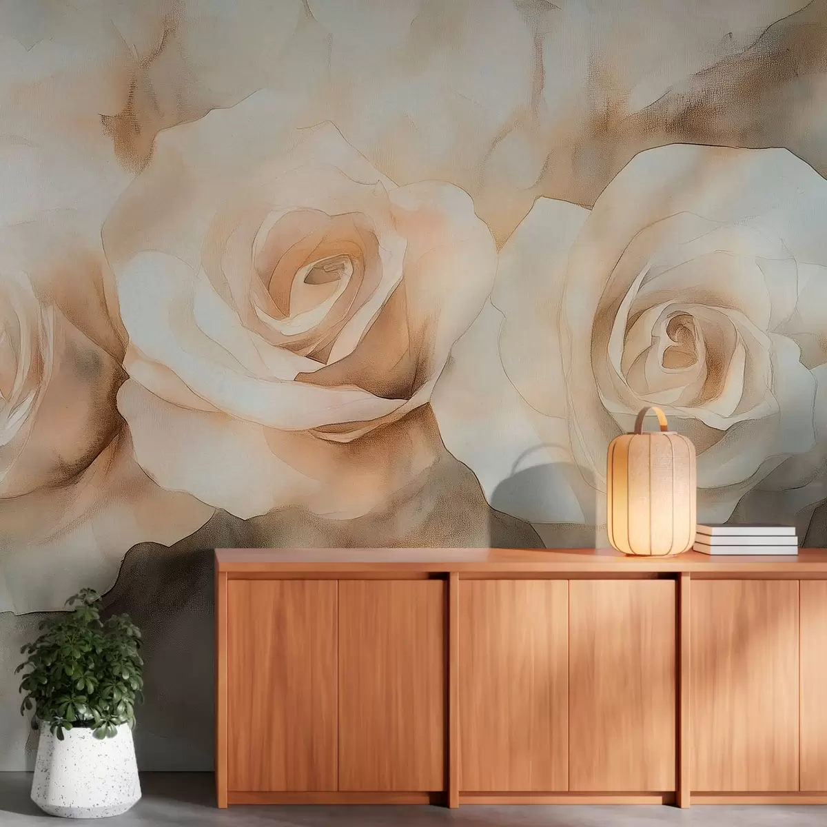 fototapeter Vakre roser, akvarellstil, beige farger, bohemsk w02492