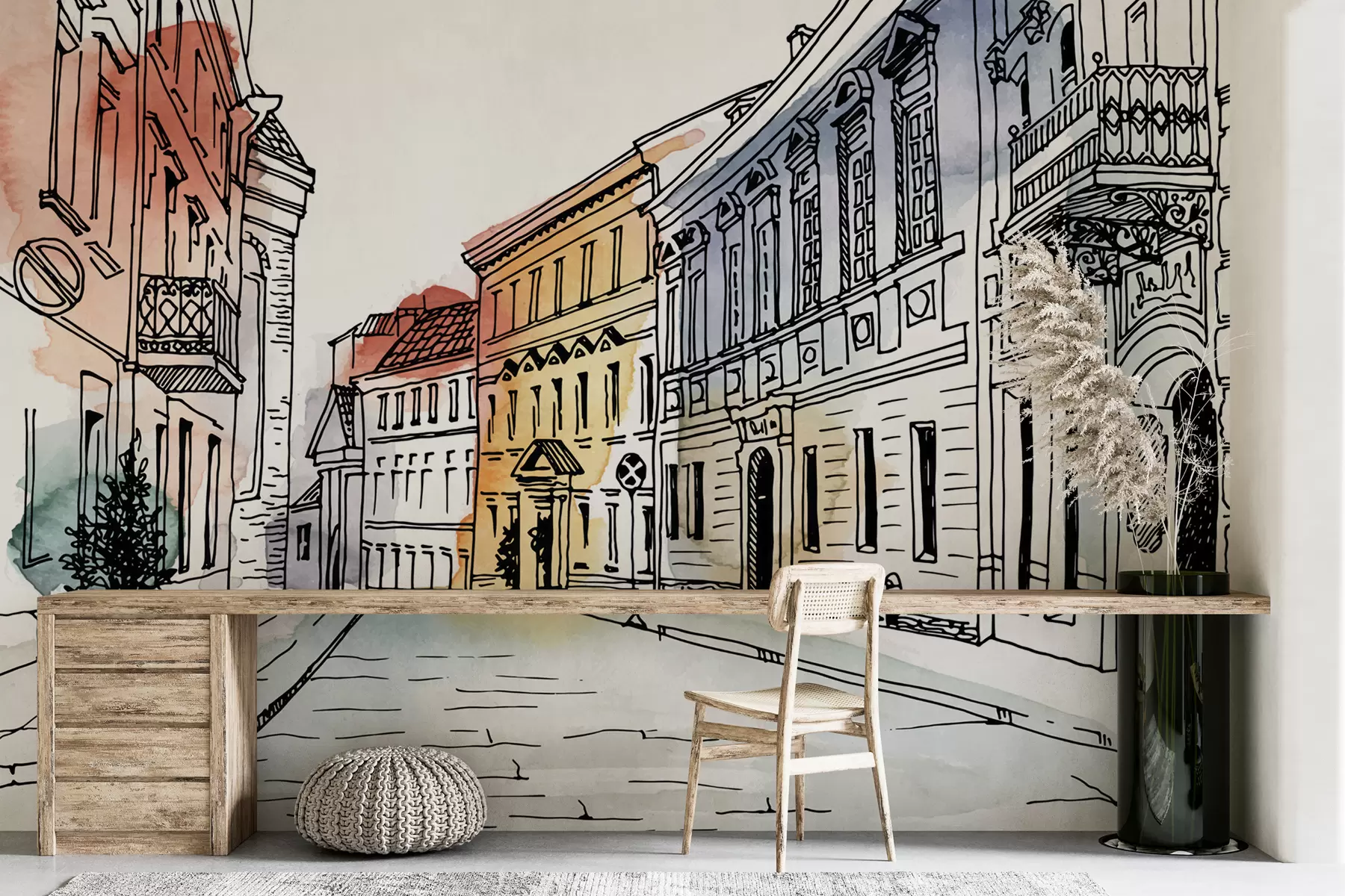 fototapeter Gamlebyen, tusj og akvarell u51062