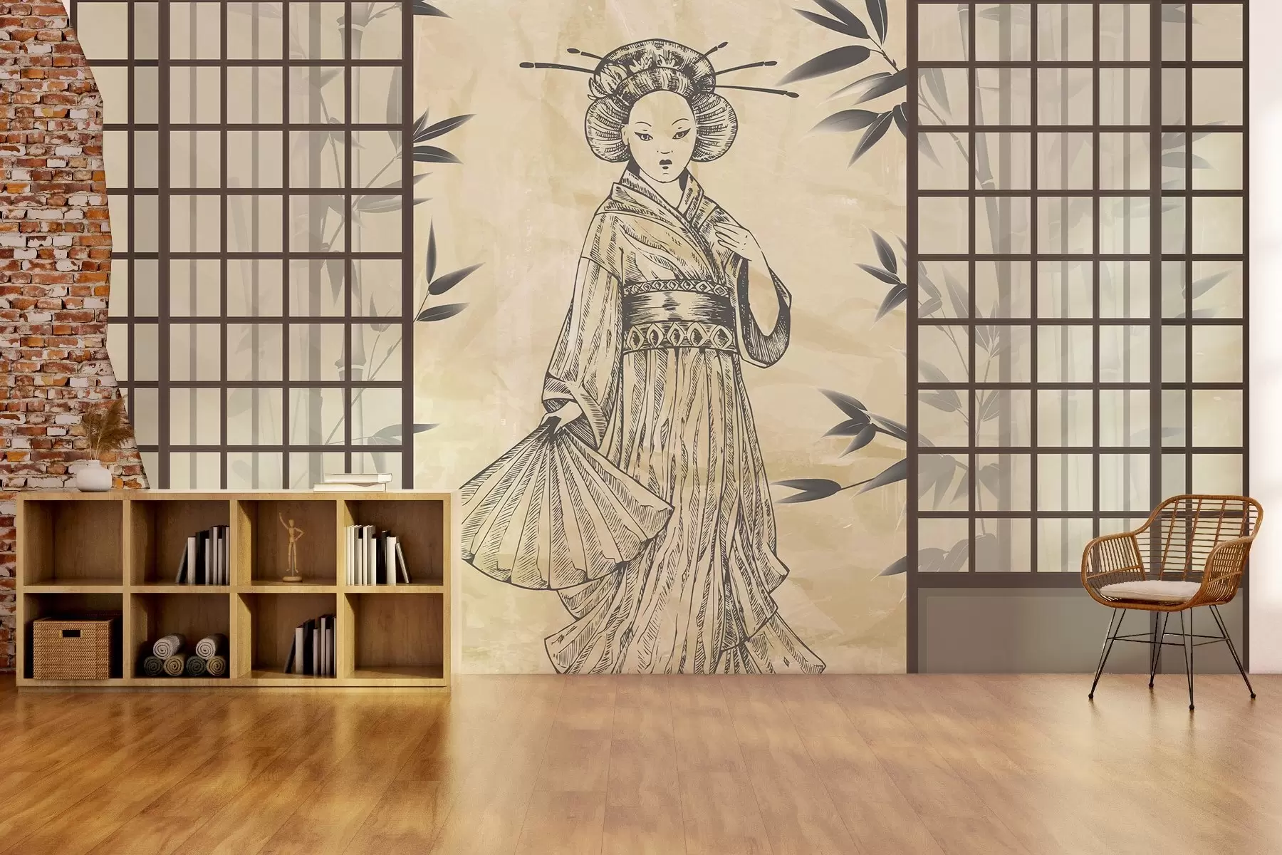 fototapeter Gammelt hus i asiatisk stil, jente i tradisjonelle klær, kirsebærblomster, kirsebærblomster, Shoji w02535