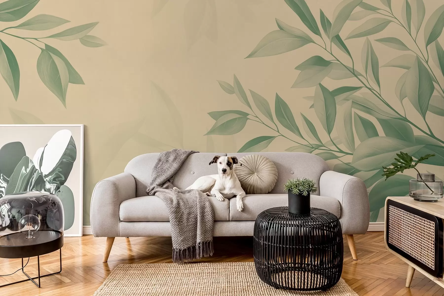 fototapeter Grønne blader med en myk, varm beige bakgrunn w08499v2