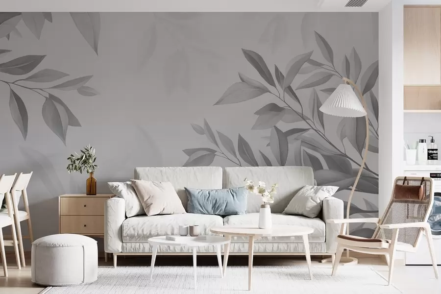 fototapeter Grå grener med blader på grå bakgrunn w08499v3