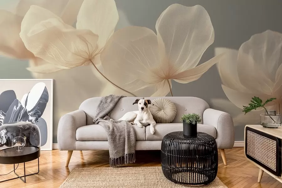 fototapeter Lotusblader, en delikat komposisjon med grå bakgrunn w08500v2