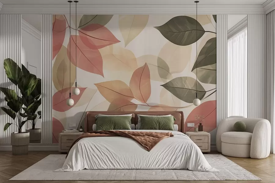 fototapeter Grener av blader i røde og grønne toner w08502