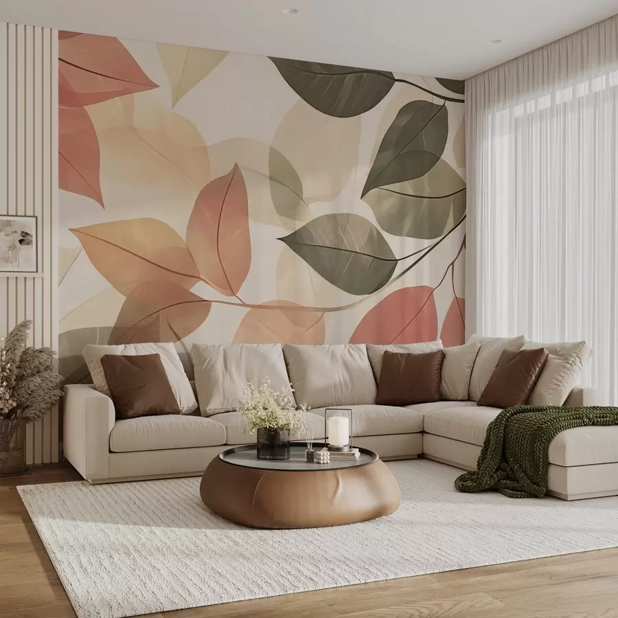 fototapeter Grener av blader i røde og grønne toner w08502