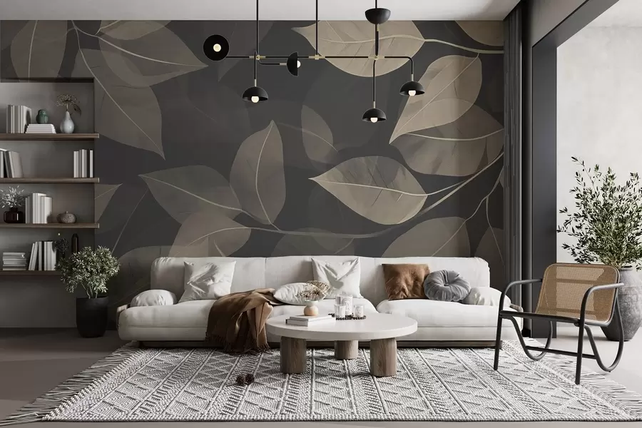 fototapeter Grener av blader i blå og grå toner w08502v1