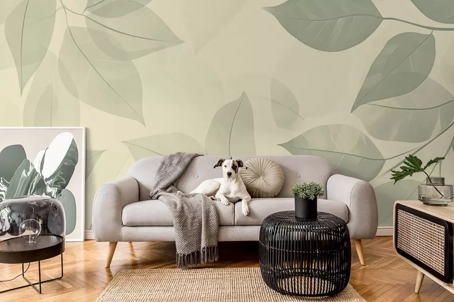 fototapeter Grener av grønne blader på en myk beige bakgrunn w08502v2