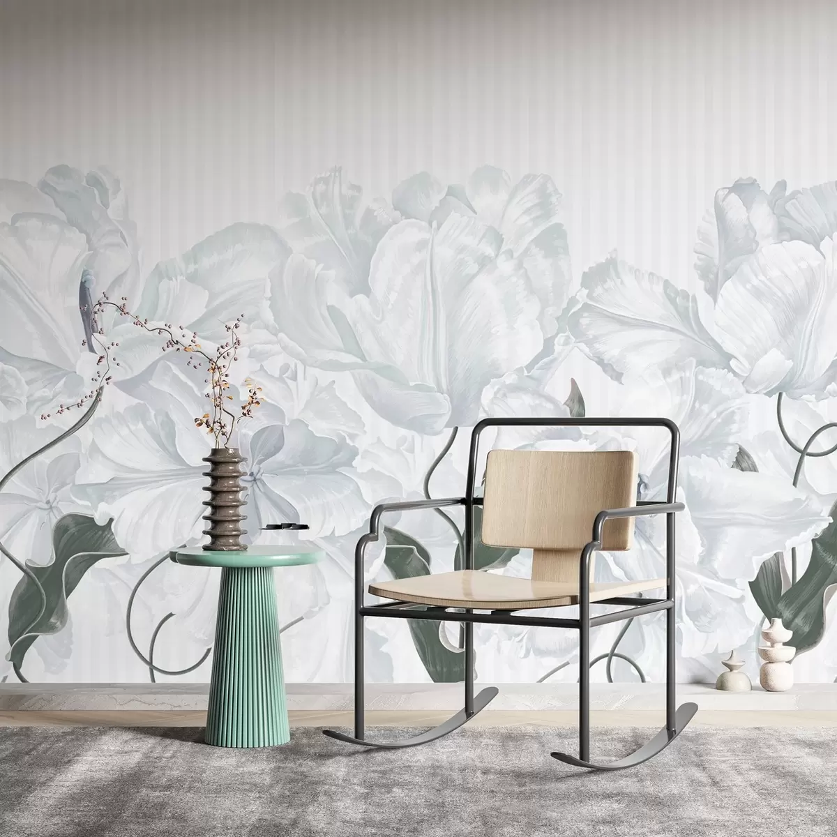 fototapeter delikate grå blomster på stripete bakgrunn w02565v1