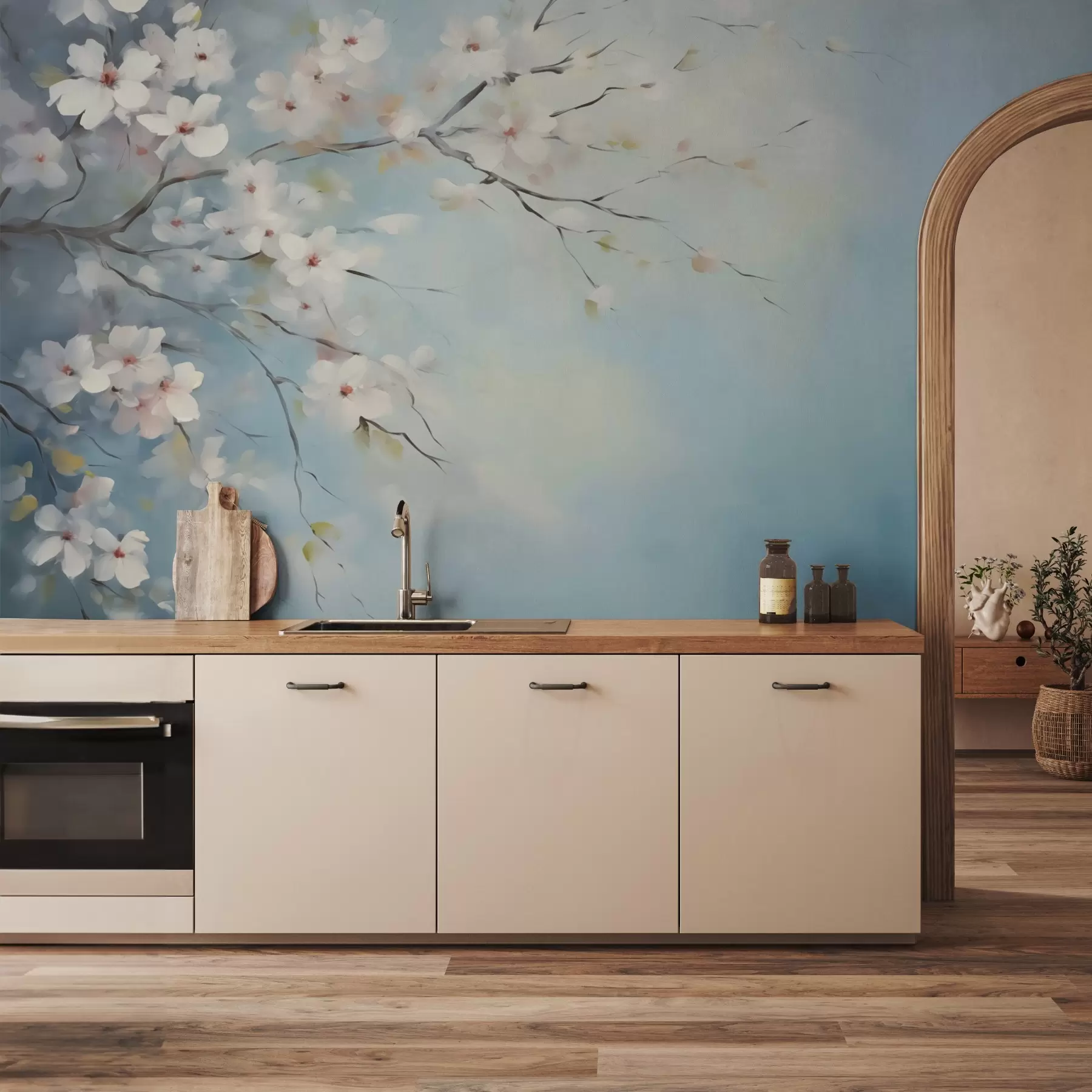 fototapeter Gren med blomster, imitasjon av maleri, hvite og blå nyanser w02593