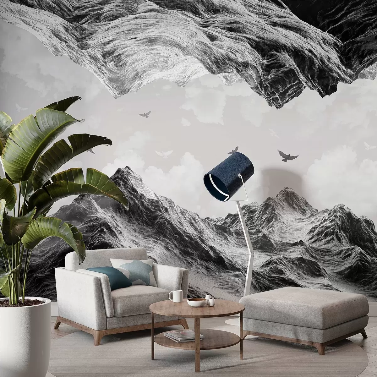 fototapeter Fjell landskap, realisme, flygende fugler, natur, skyer, svart-hvite farger w02514