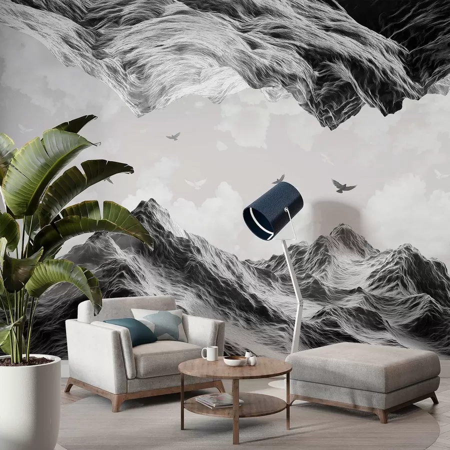 fototapeter Fjell landskap, realisme, flygende fugler, natur, skyer, svart-hvite farger w02514