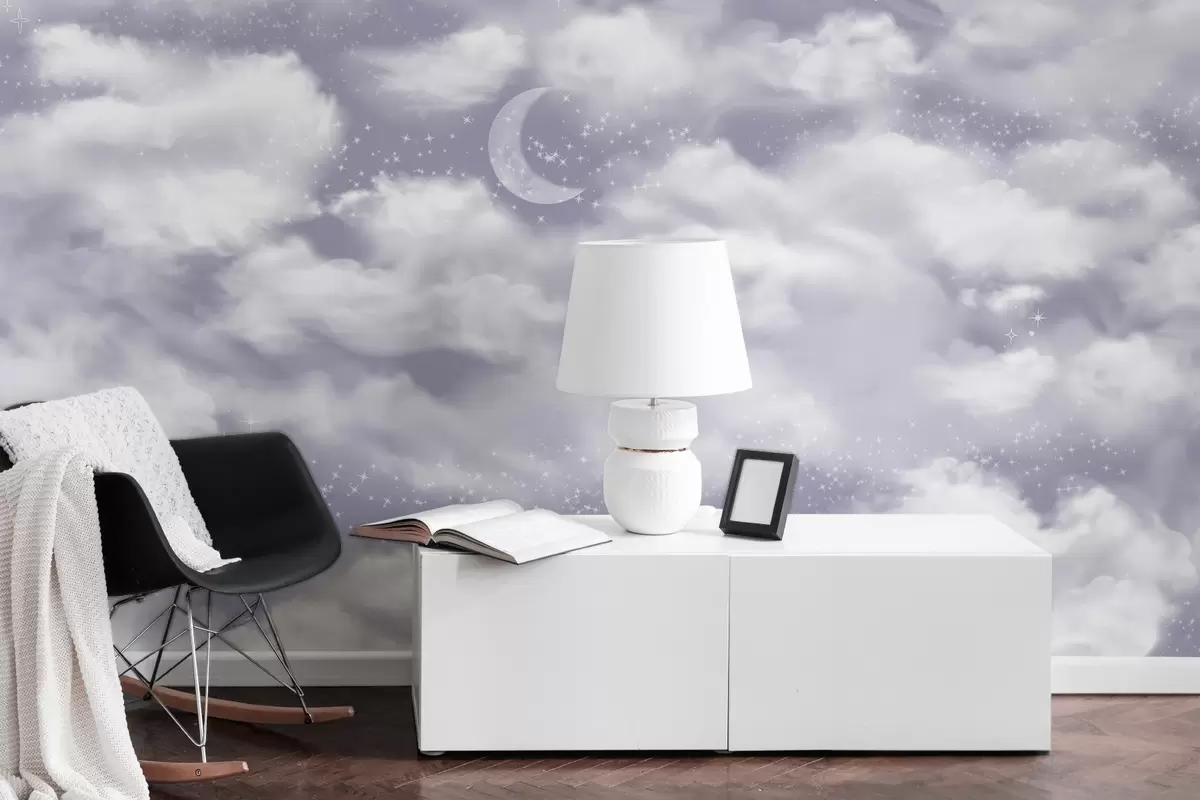 fototapeter Stjernehimmel med måne og skyer, drømmende, eteriske, myke lilla farger w02515v4