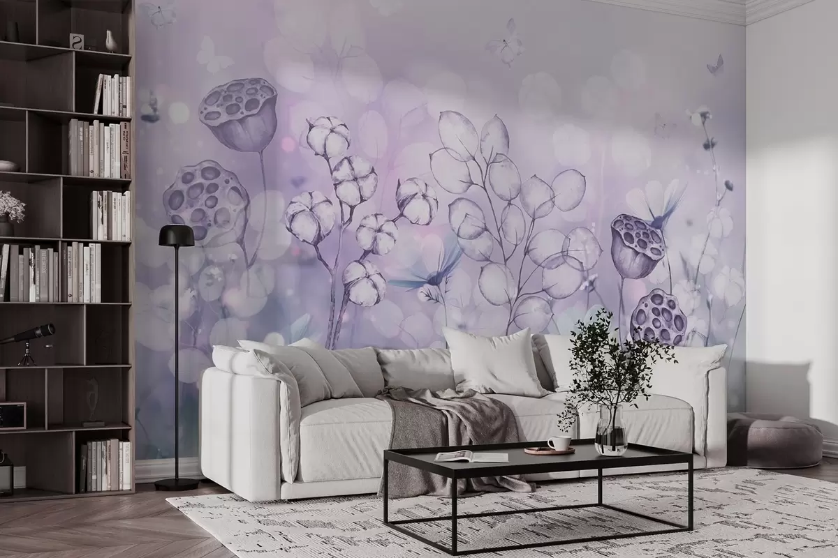 fototapeter Drømmende blomsterhage, sommerfugl, bomullsblomster, lotusblomster, lilla farger w02516v1