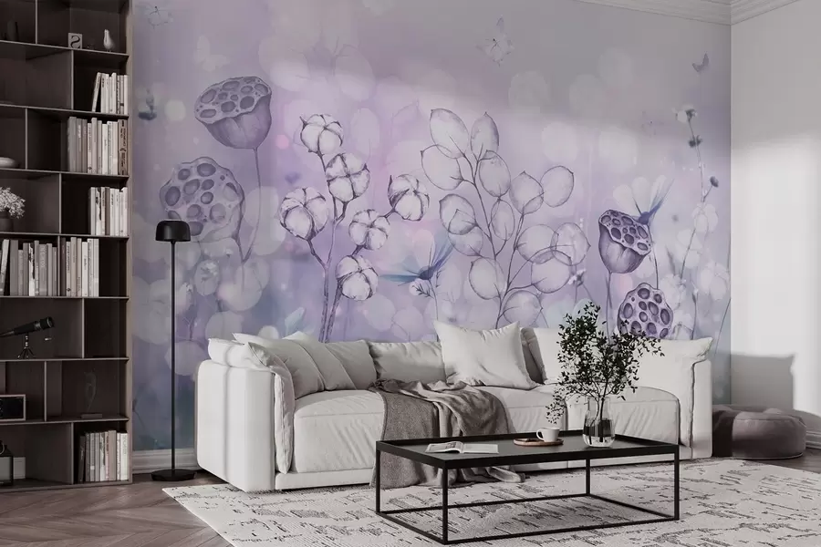 fototapeter Drømmende blomsterhage, sommerfugl, bomullsblomster, lotusblomster, lilla farger w02516v1