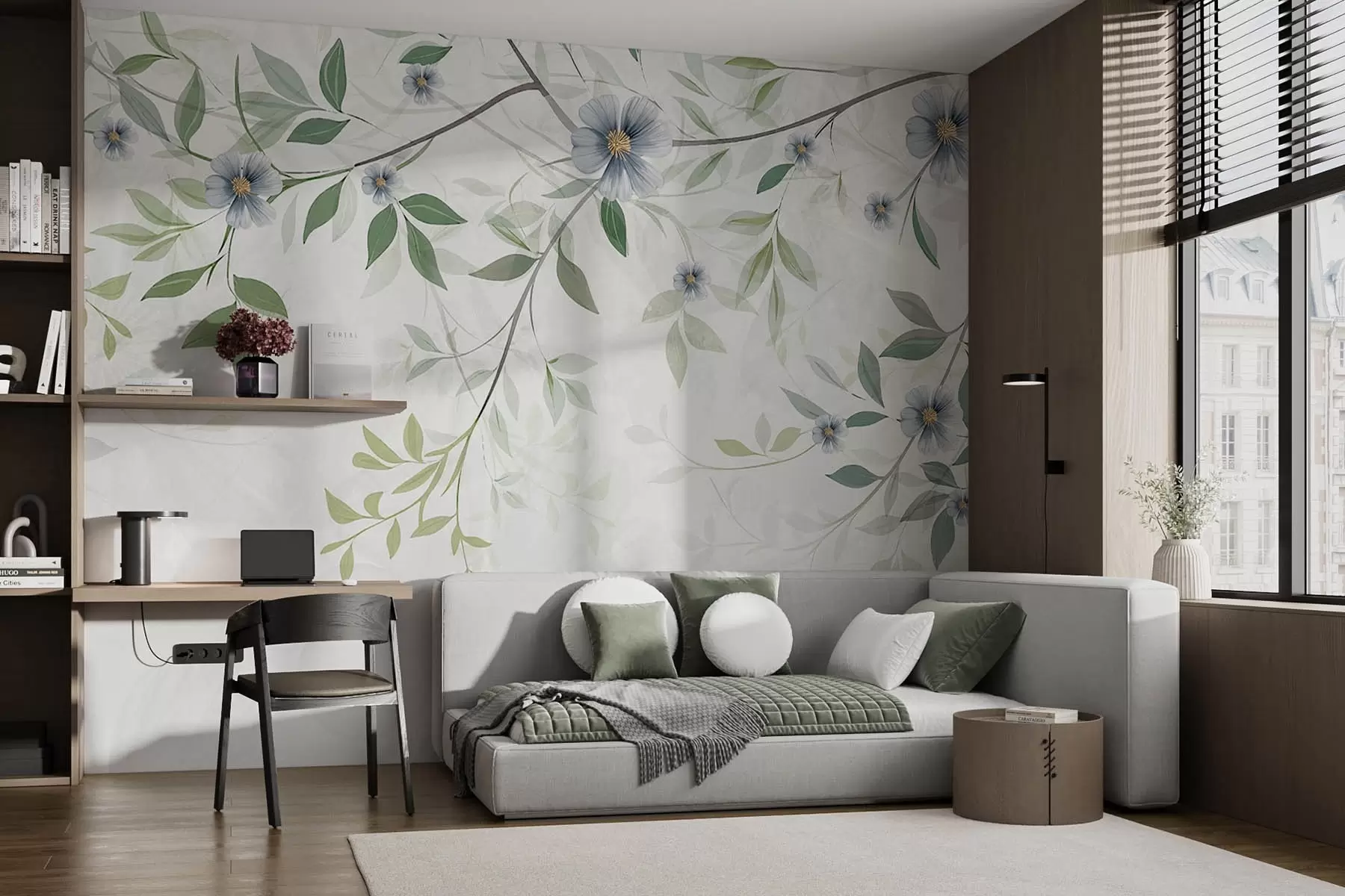 fototapeter Grener med grønne blader og blå blomster w00316