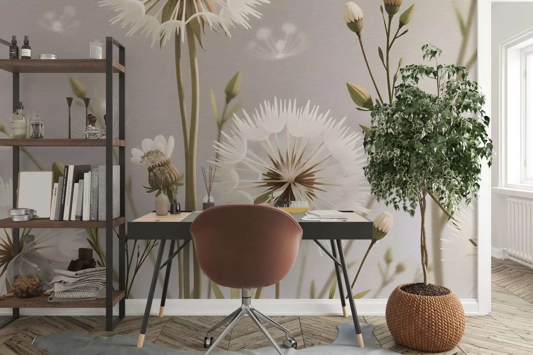 fototapeter Åker i blomst med løvetann w02619