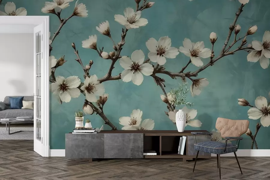 fototapeter Blomstrende grener på en bakgrunn av betong w02610