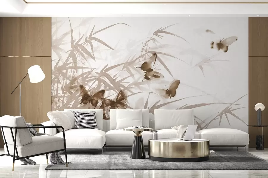 fototapeter Bambusblader og -stengler med tekstur og flygende brune sommerfugler med gjennomsiktige vinger w08524v1