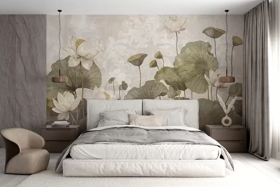 fototapeter Et felt med hvite lotusblomster med store, grønne blader mot en myk, disig beige bakgrunn w08527