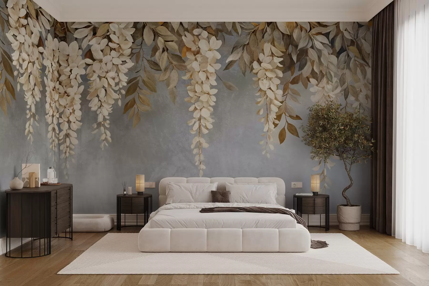 fototapeter Delikate blåregnblomster i hvitt og lys beige med løvverk som faller ned mot en myk grå bakgrunn w08531