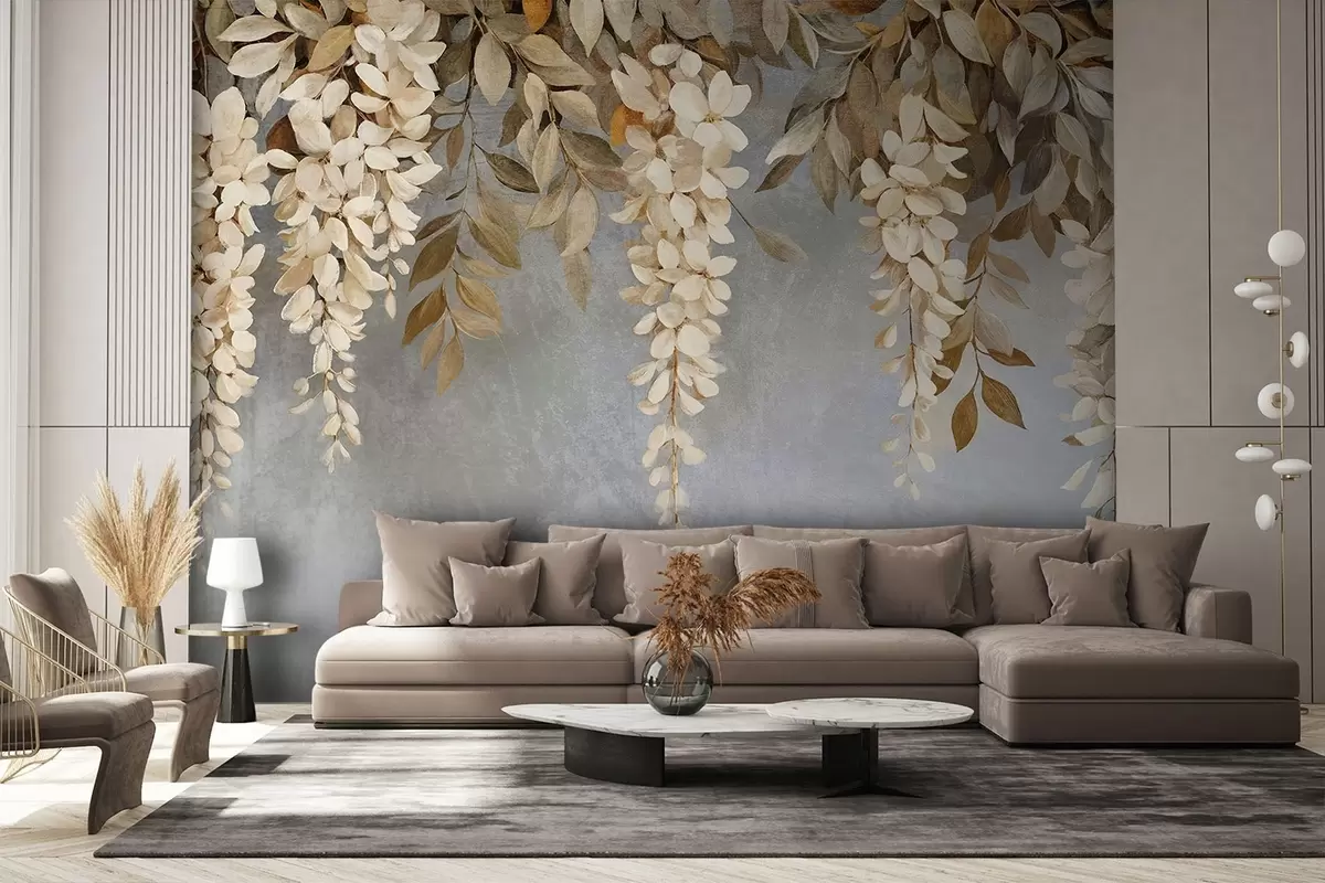 fototapeter Delikate blåregnblomster i hvitt og lys beige med løvverk som faller ned mot en myk grå bakgrunn w08531