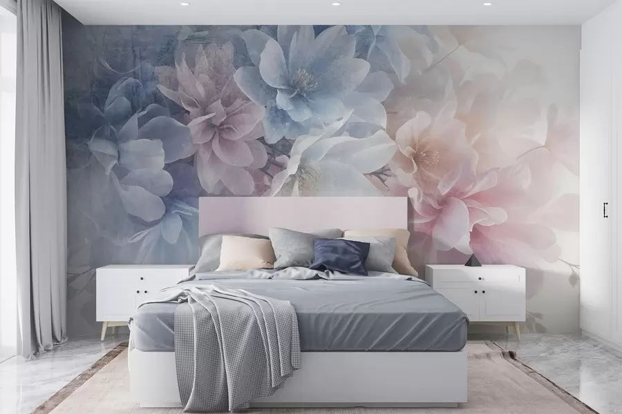 fototapeter Myk, pastellfarget blomsteroppsats med store, delikate blomster i nyanser av rosa, blått og hvitt  w08535