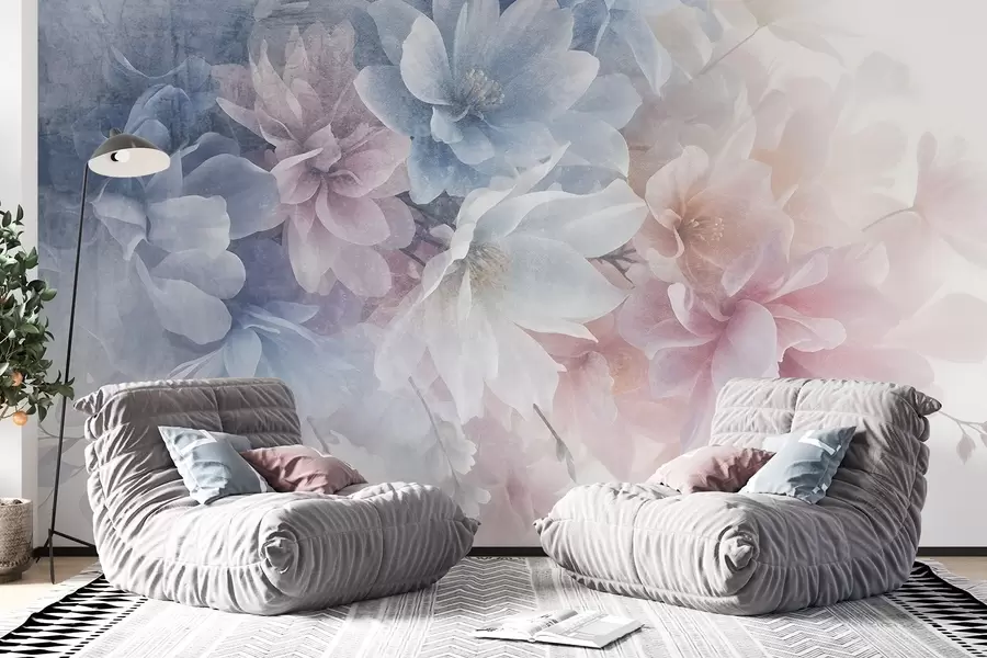 fototapeter Myk, pastellfarget blomsteroppsats med store, delikate blomster i nyanser av rosa, blått og hvitt  w08535