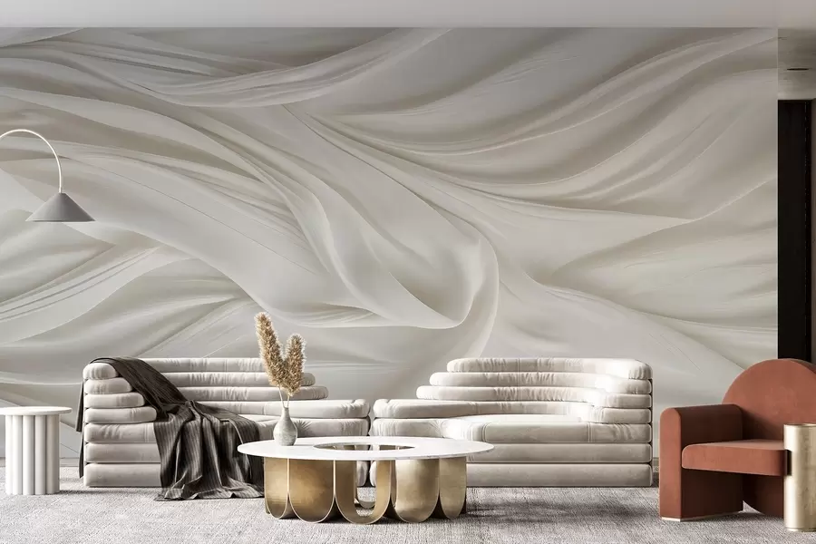 fototapeter Moderne trykk med imitasjon av glatt, flytende hvitt stoff med myke, bølgende folder og bretter w08537