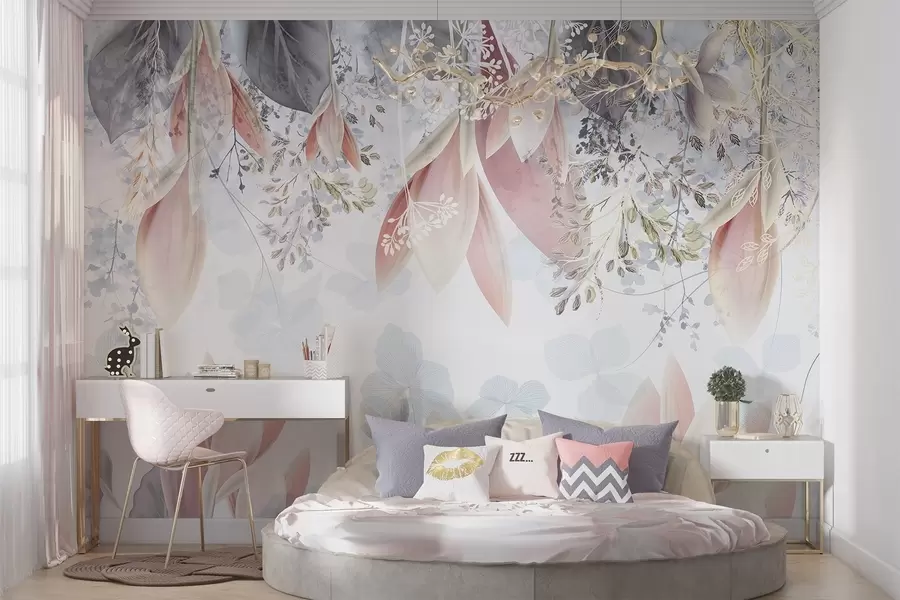 fototapeter Mykt, pastellfarget blomstertrykk med delikate kronblader og blader i nyanser av rosa, hvitt og grått w08538