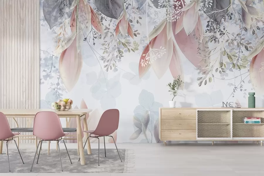 fototapeter Mykt, pastellfarget blomstertrykk med delikate kronblader og blader i nyanser av rosa, hvitt og grått w08538