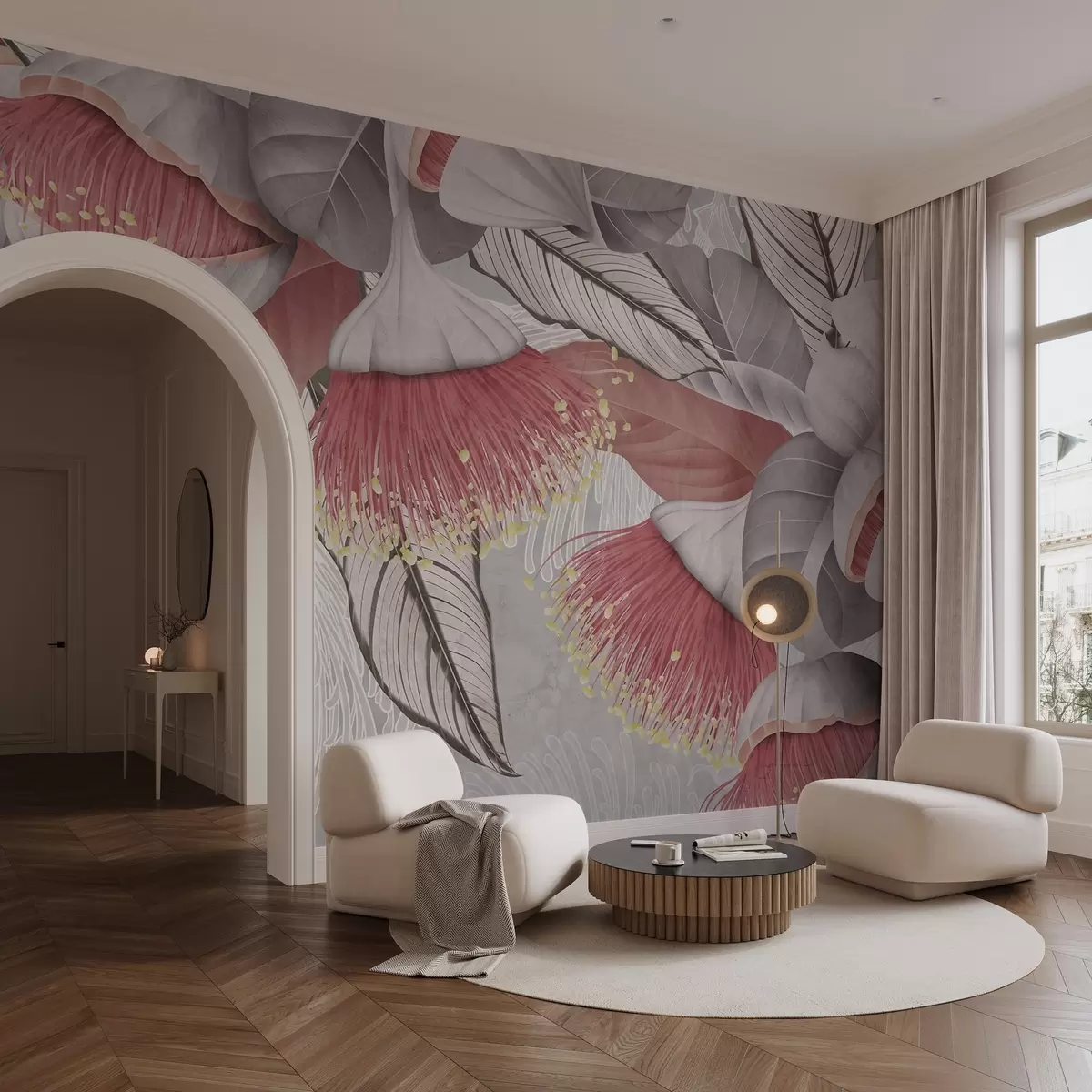 fototapeter Botanisk illustrasjon av store eukaliptusblomster med lange støvdragere mot en grå og hvit bakgrunn w08539