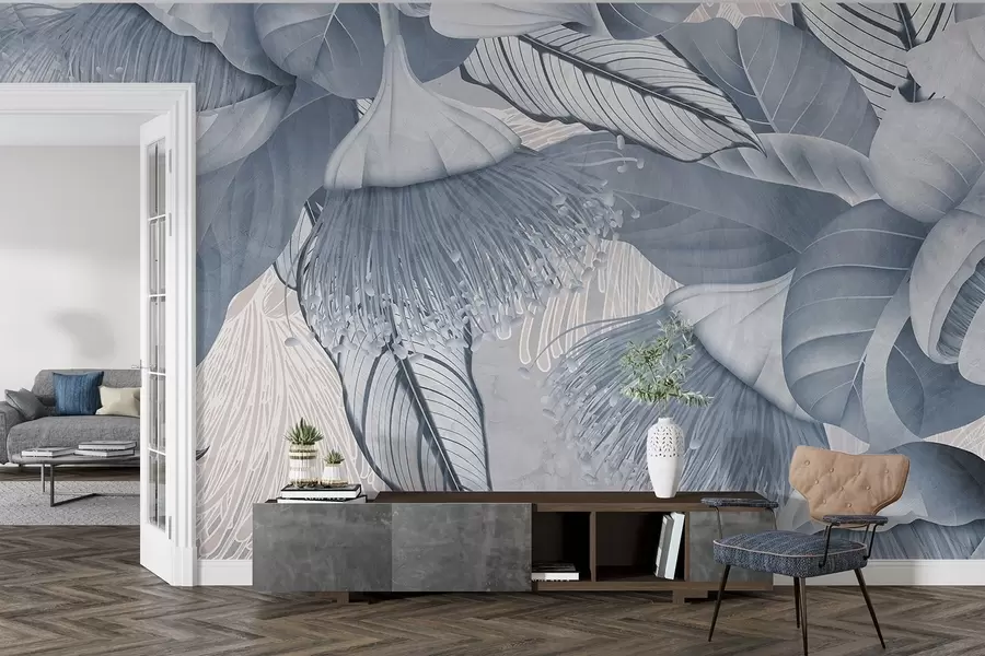 fototapeter Botanisk illustrasjon av store, blå eukaliptusblomster med lange støvbærere mot en grå og hvit bakgrunn w08539v1