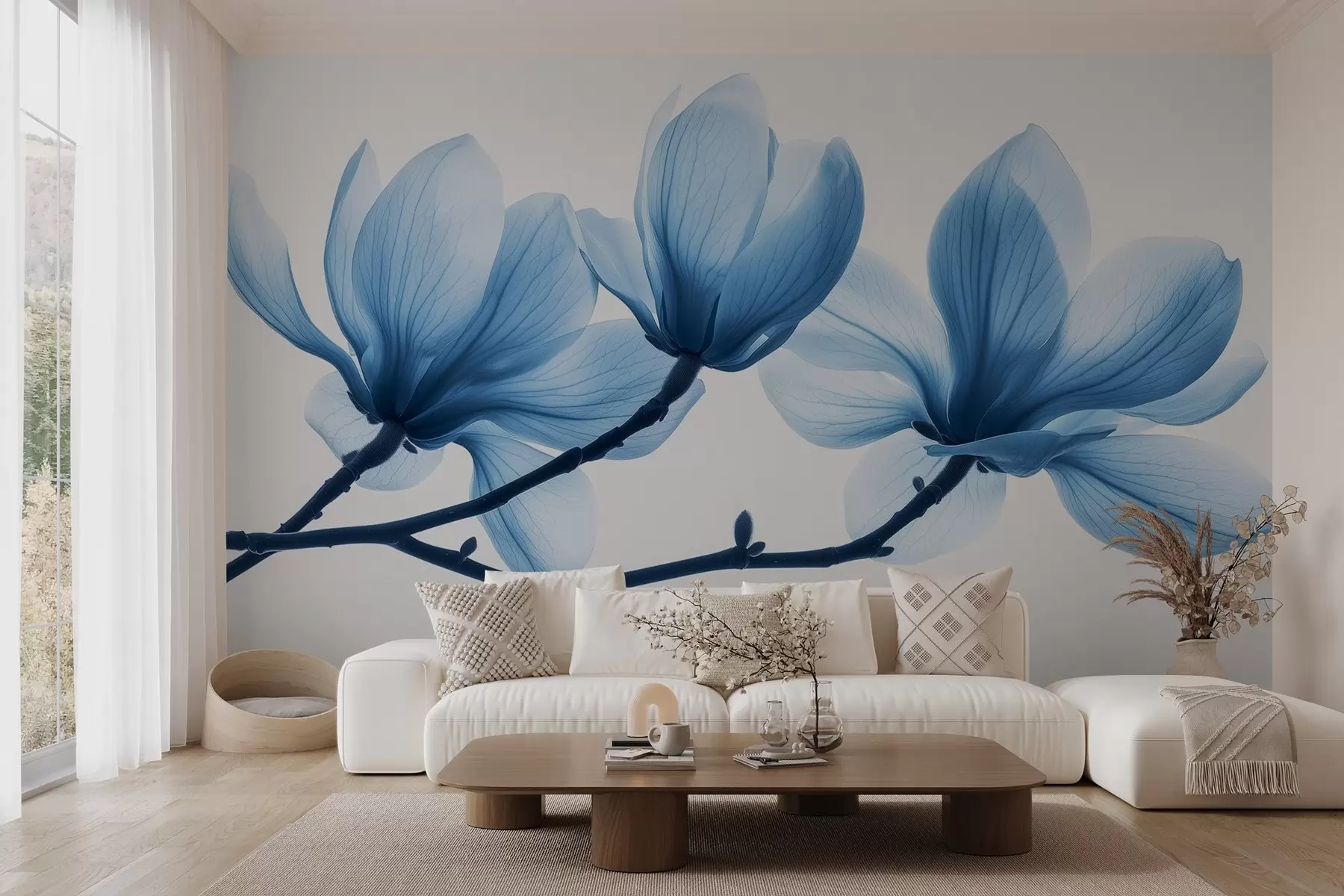 fototapeter sarte blå magnoliablomster på grenene w02633