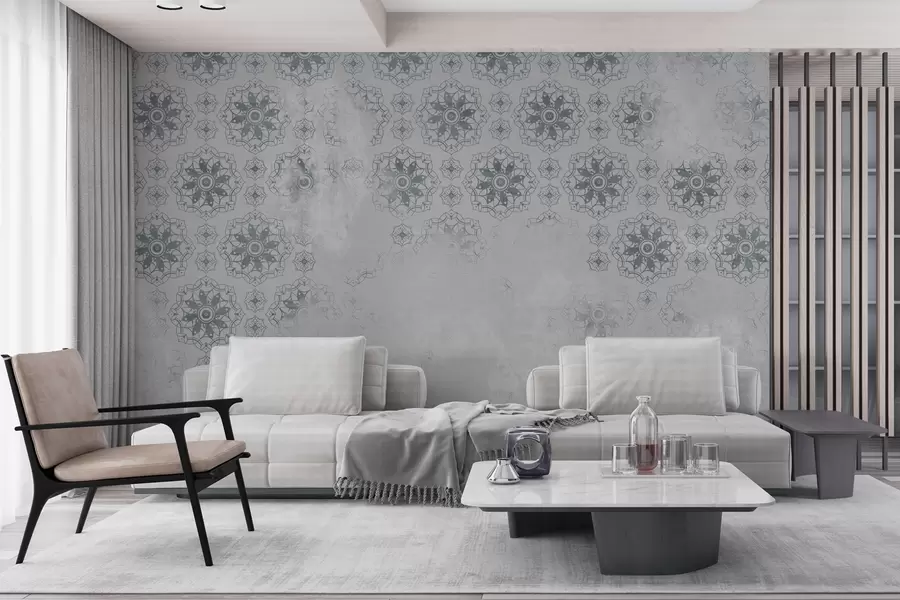 fototapeter Vintagedesign med mandala-elementer og slitt effekt i lysegrått w02551v2
