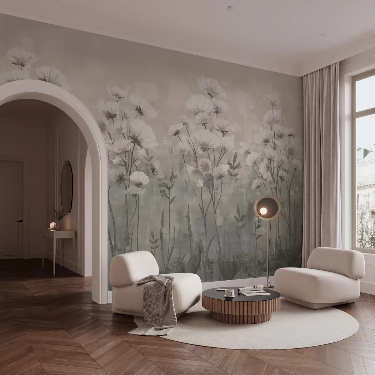 fototapeter Delikate villblomster med penselstrøkseffekt i pastellfarger w02629v2