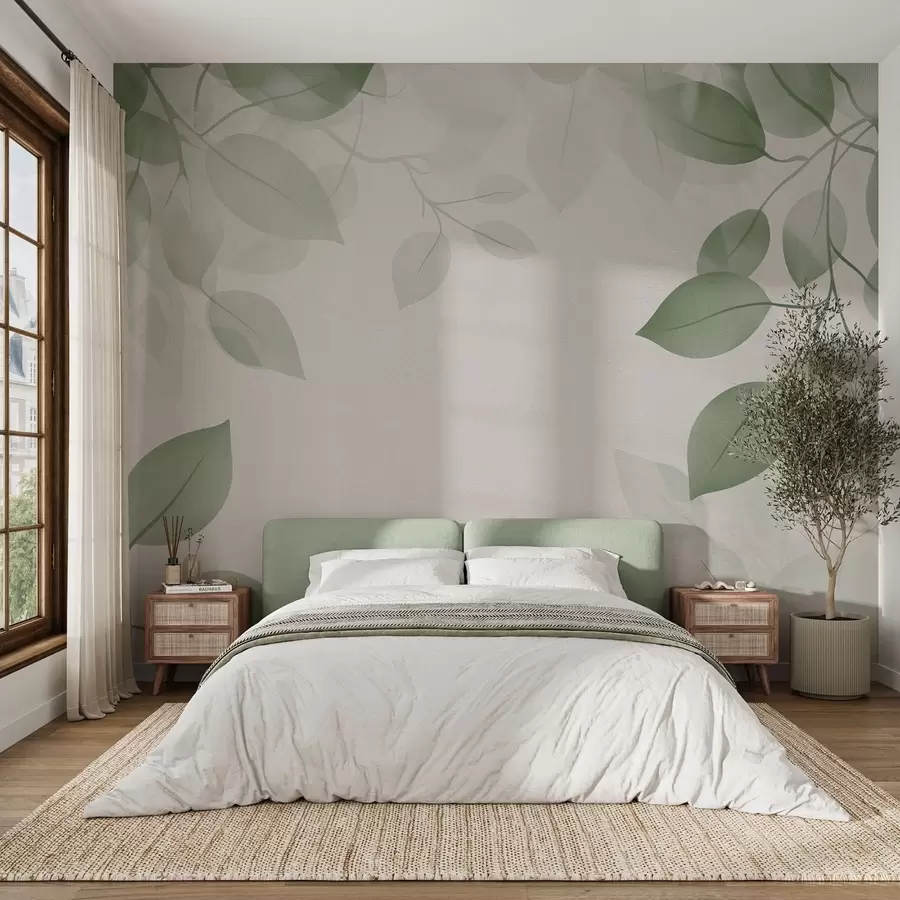 fototapeter Hengende grener med blader i grønne toner w08551v1