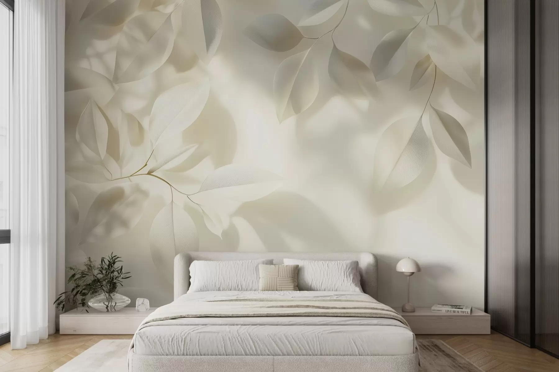 fototapeter Hengende hvite grener med blader mot en vegg med sollys w08552