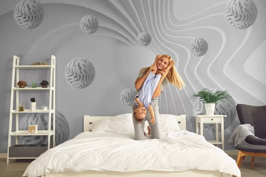 fototapeter 3D-abstraksjon i grått med kuler og dybdeeffekt w08553