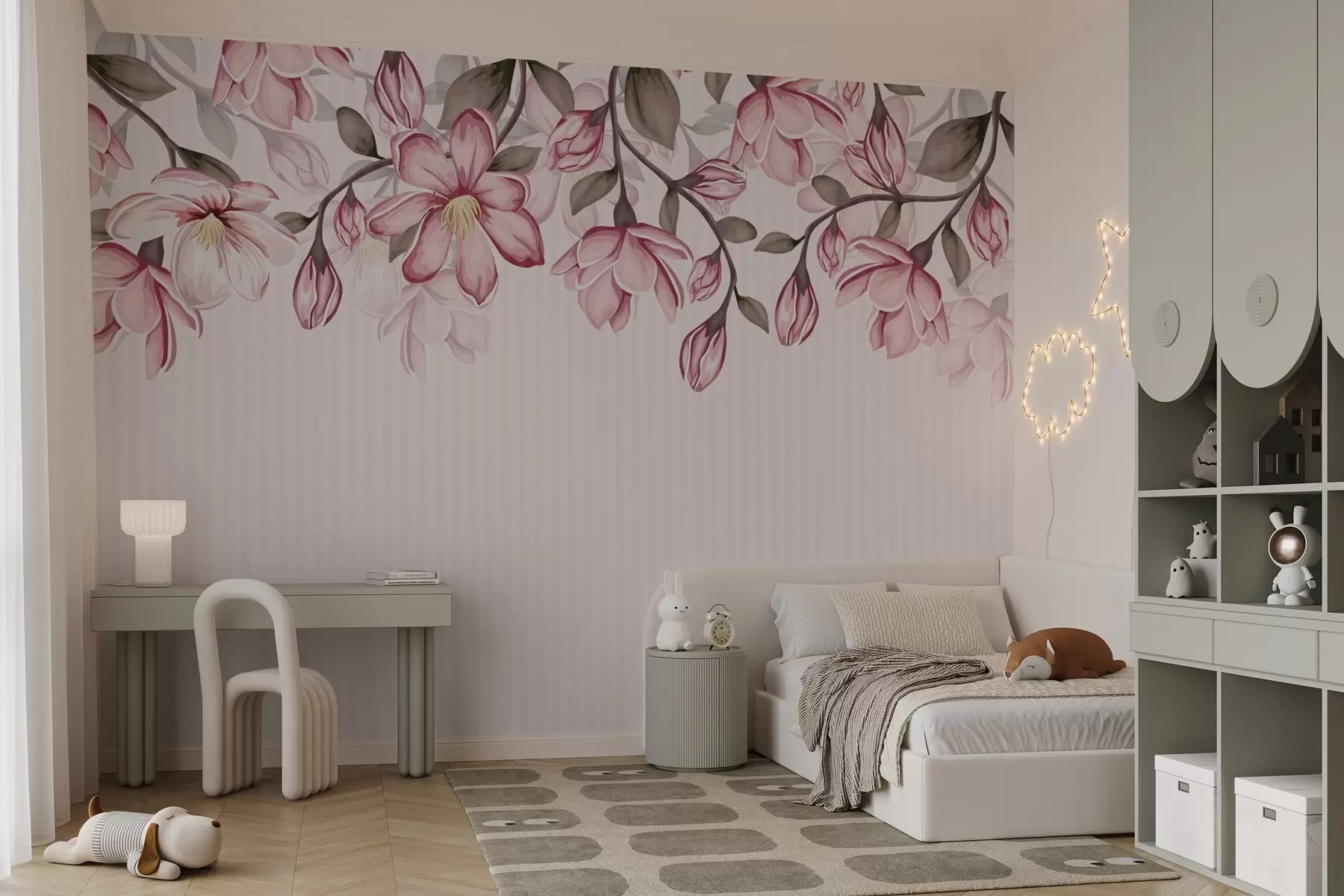 fototapeter rosa blomster på stripete bakgrunn w02664