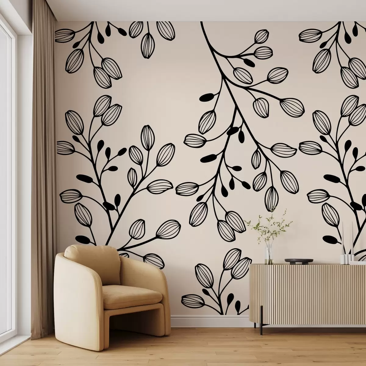 fototapeter malte kvister på beige bakgrunn w02665