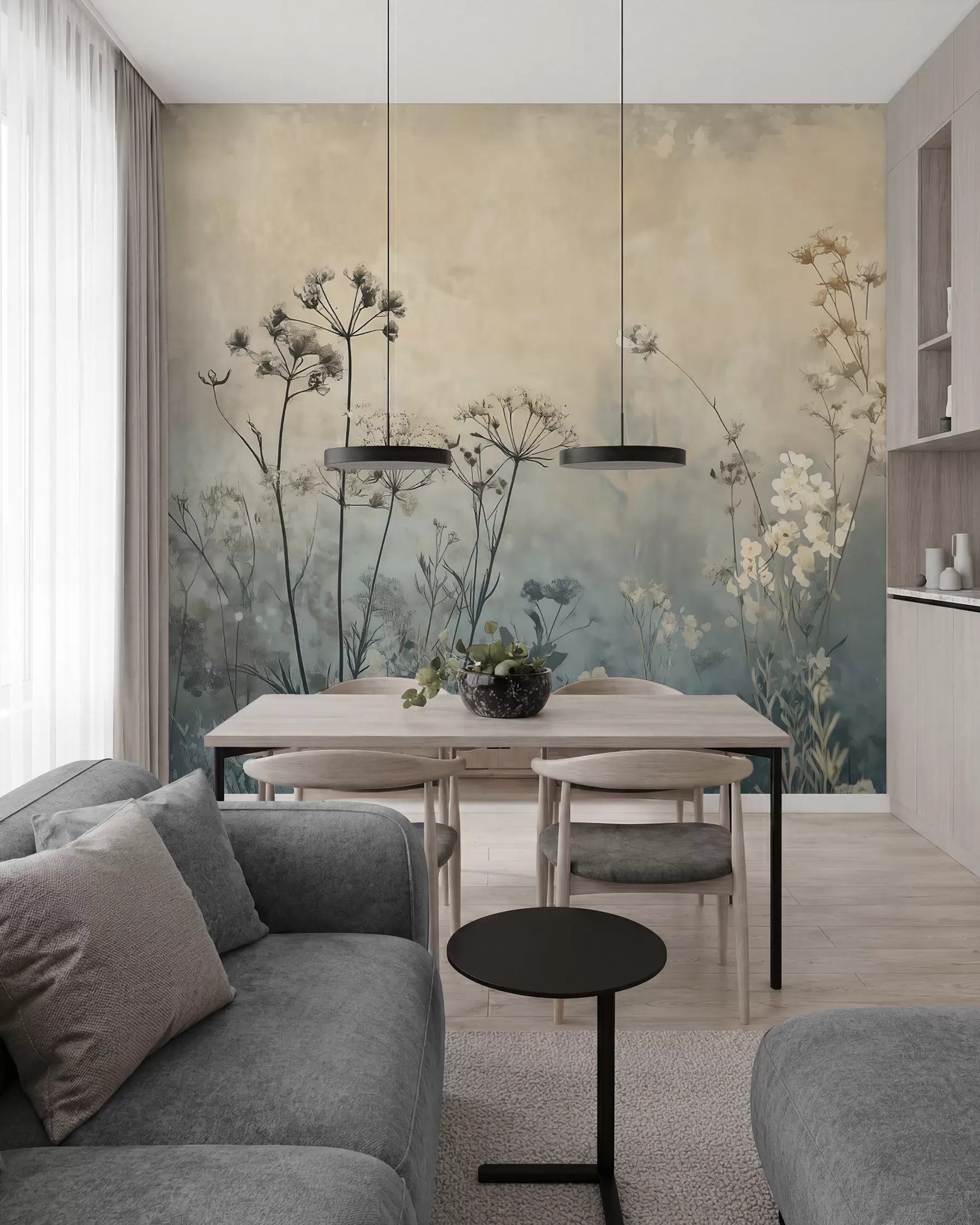fototapeter tapet i øko-stil med villblomster og planter på en strukturert bakgrunn w02685