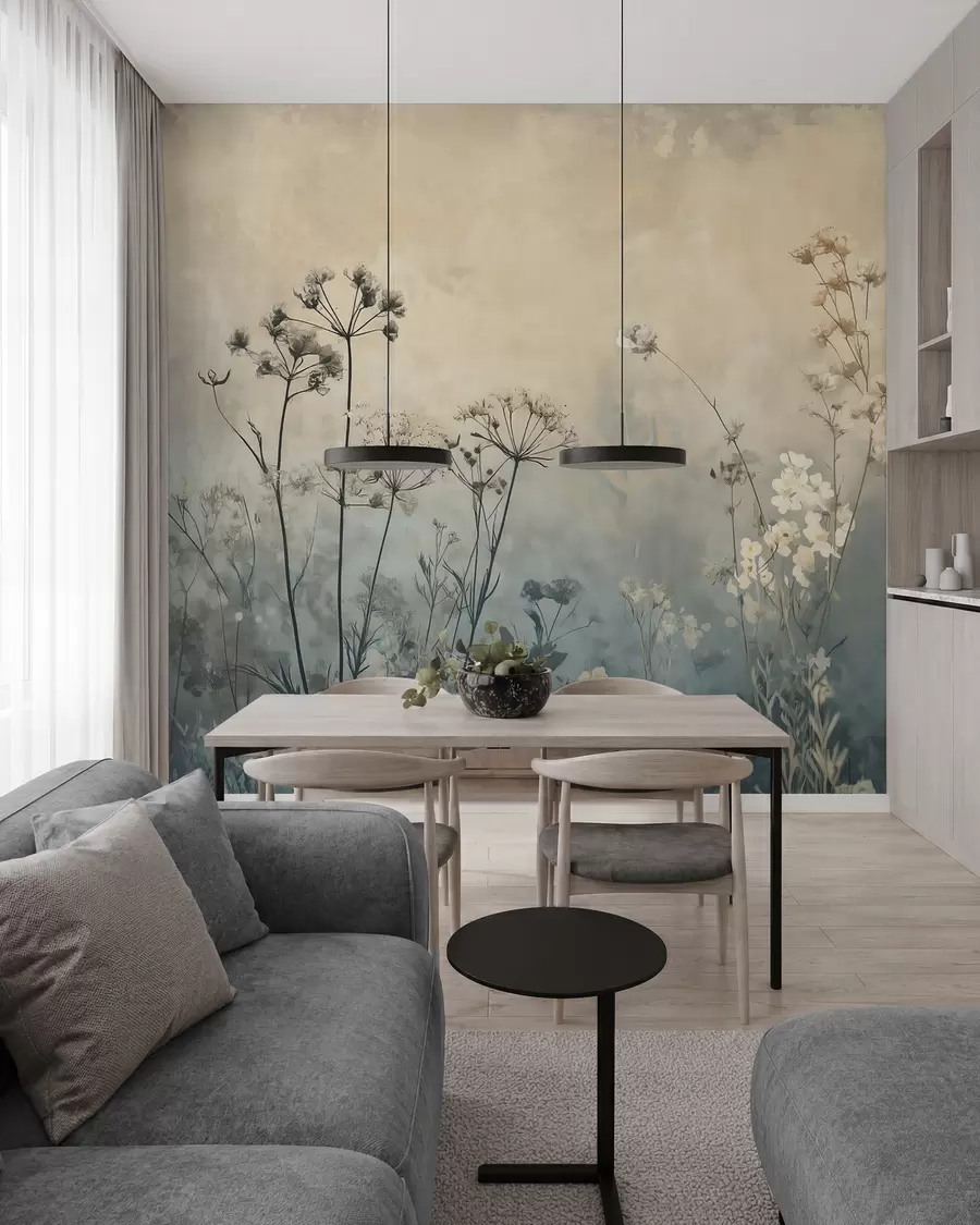 fototapeter tapet i øko-stil med villblomster og planter på en strukturert bakgrunn w02685