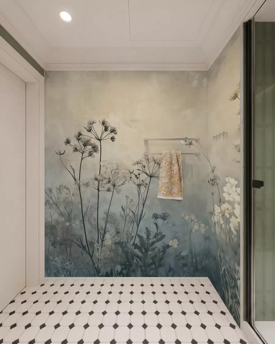 fototapeter tapet i øko-stil med villblomster og planter på en strukturert bakgrunn w02685